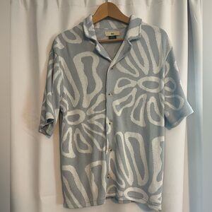 Men's Casual Button Terry Shirt - Blue and White Pattern